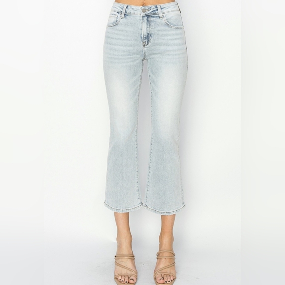 RISEN High-Rise Waist Skinny Fit Denim Pants Cropped Wide Flare Hem Blue Jeans - Picture 9 of 16